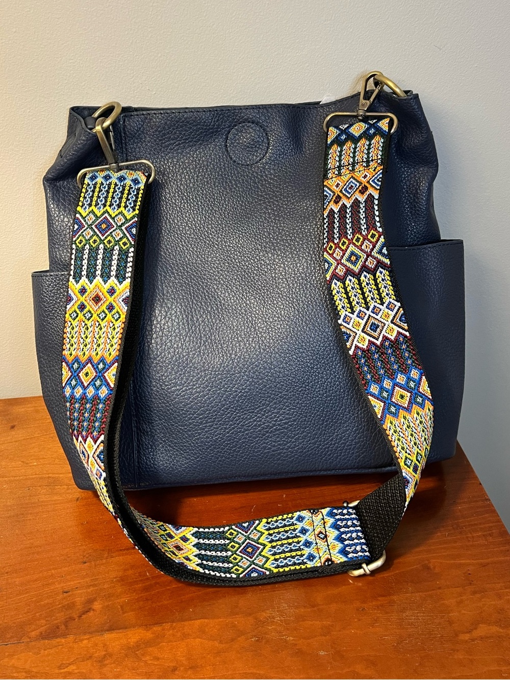 Joy Susan Navy Shoulder Bag with Colorful Embroidered Strap